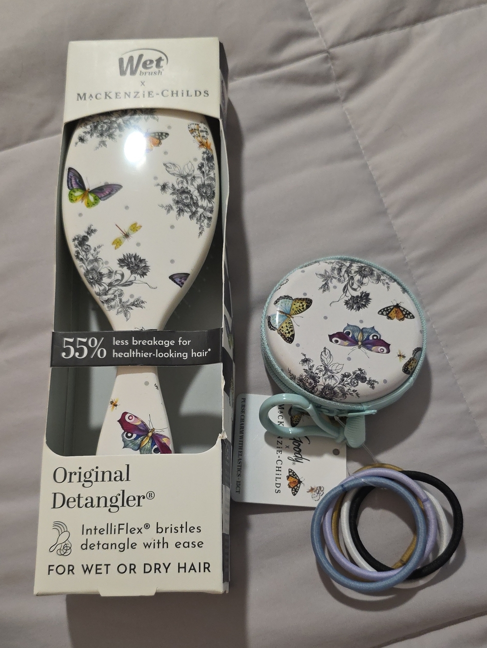 MacKenzie-Childs White Butterfly Kids Detangling Brush Set with Pastel Hair Ties